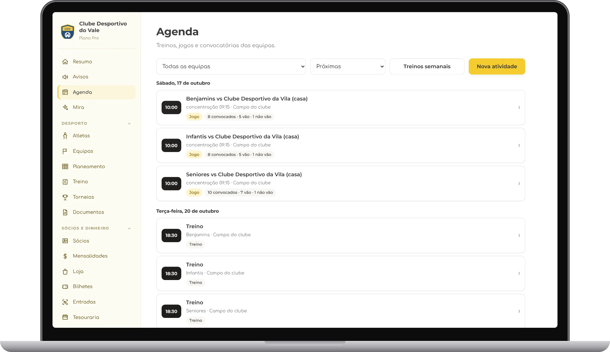 Agenda das equipas