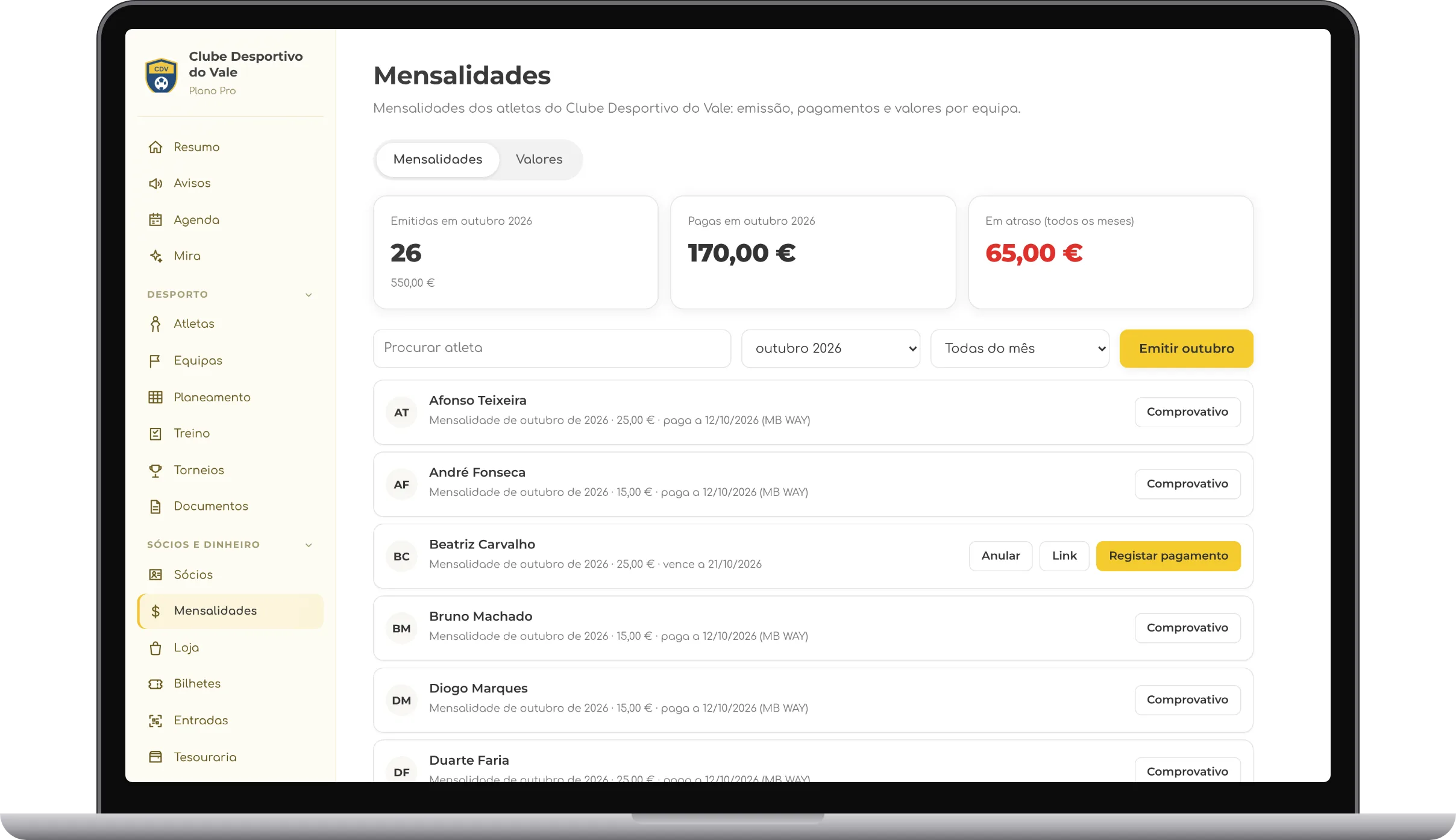 Mensalidades da formação no MS Club
