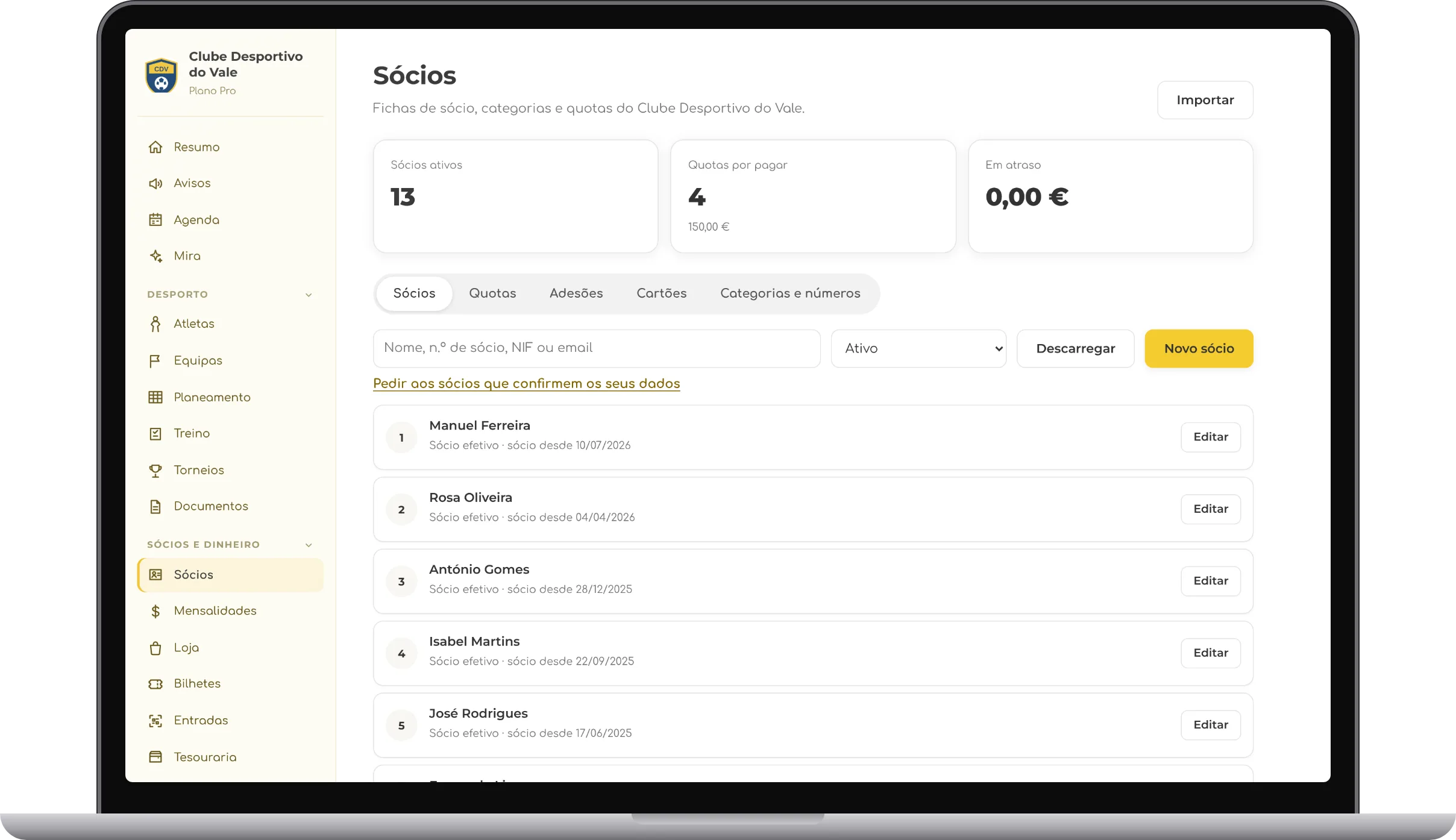 Lista de sócios no MS Club